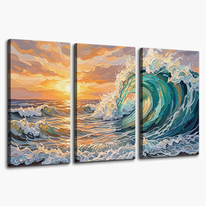 A curling turquoise ocean wave beneath a warm orange sunset 3 piece canvas wall art on a white background