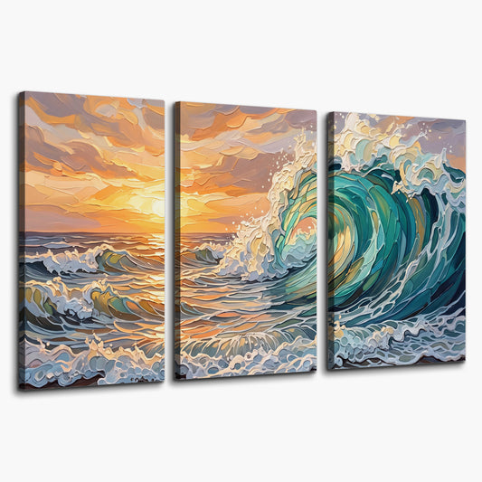 A curling turquoise ocean wave beneath a warm orange sunset 3 piece canvas wall art on a white background