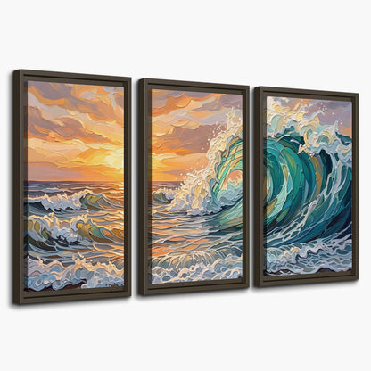 A curling turquoise ocean wave beneath a warm orange sunset 3 piece framed canvas wall art on a white background