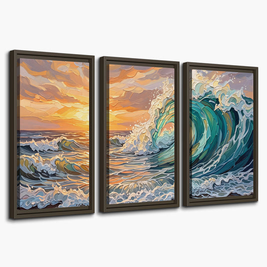 A curling turquoise ocean wave beneath a warm orange sunset 3 piece framed canvas wall art on a white background