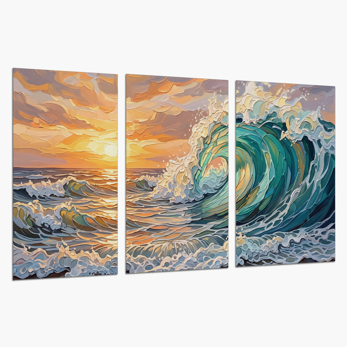 A curling turquoise ocean wave beneath a warm orange sunset set of 3 poster prints on a white background