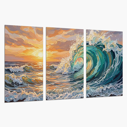 A curling turquoise ocean wave beneath a warm orange sunset set of 3 poster prints on a white background