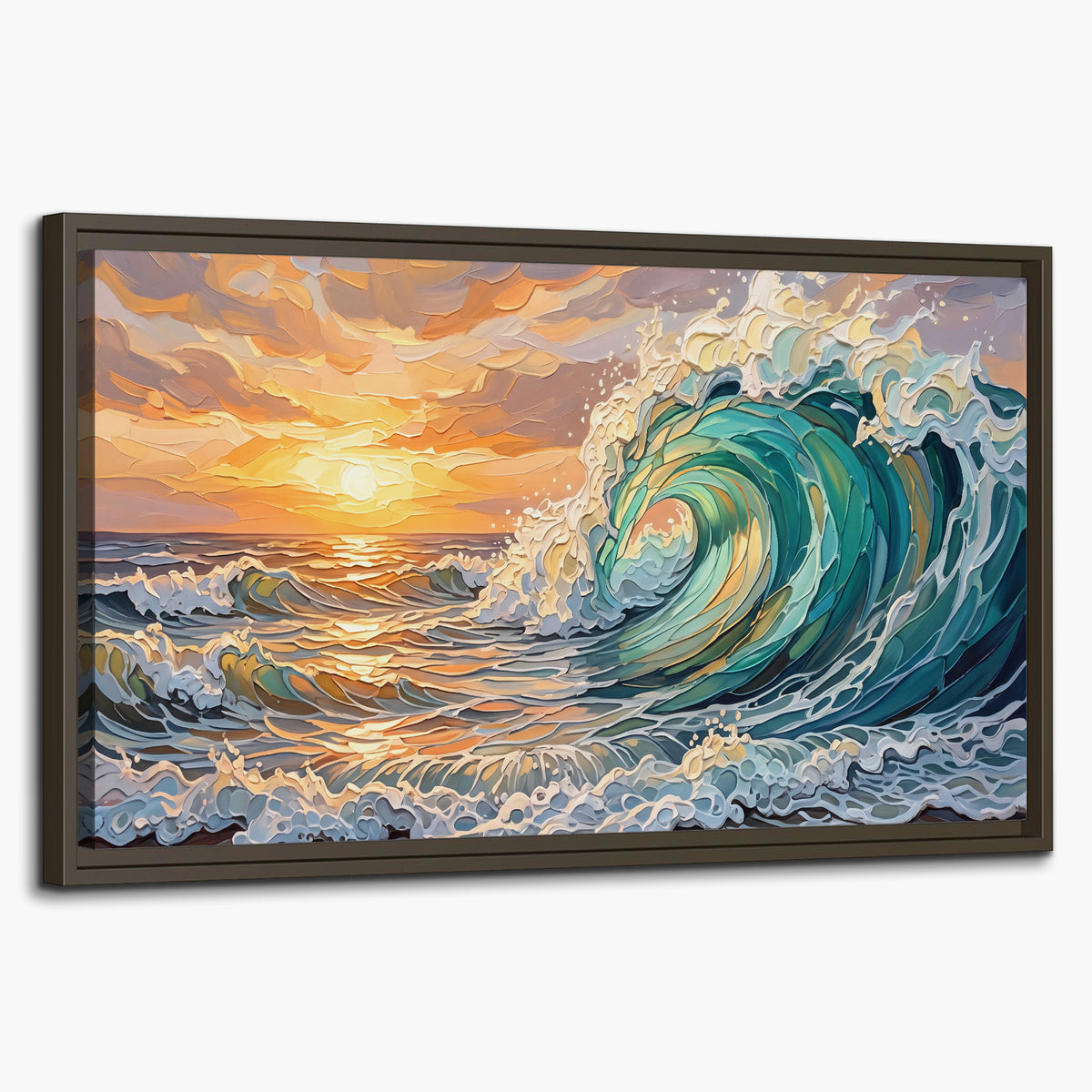 A curling turquoise ocean wave beneath a warm orange sunset single framed canvas wall art on a white background