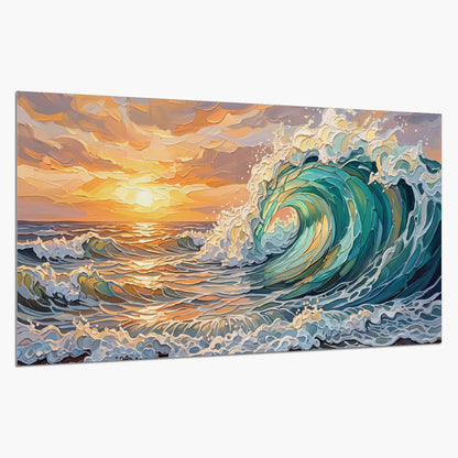 A curling turquoise ocean wave beneath a warm orange sunset single poster print on a white background