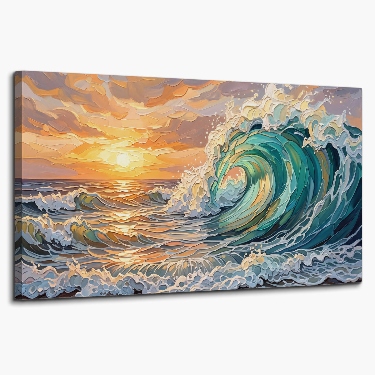 A curling turquoise ocean wave beneath a warm orange sunset single canvas wall art on a white background