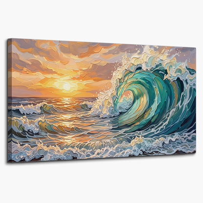 A curling turquoise ocean wave beneath a warm orange sunset single canvas wall art on a white background