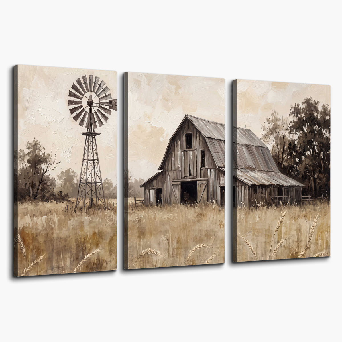 A weathered wooden barn and windmill in a golden country field 3 piece canvas wall art on a white background