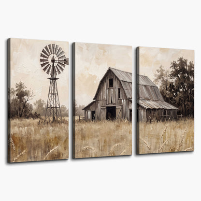 A weathered wooden barn and windmill in a golden country field 3 piece canvas wall art on a white background