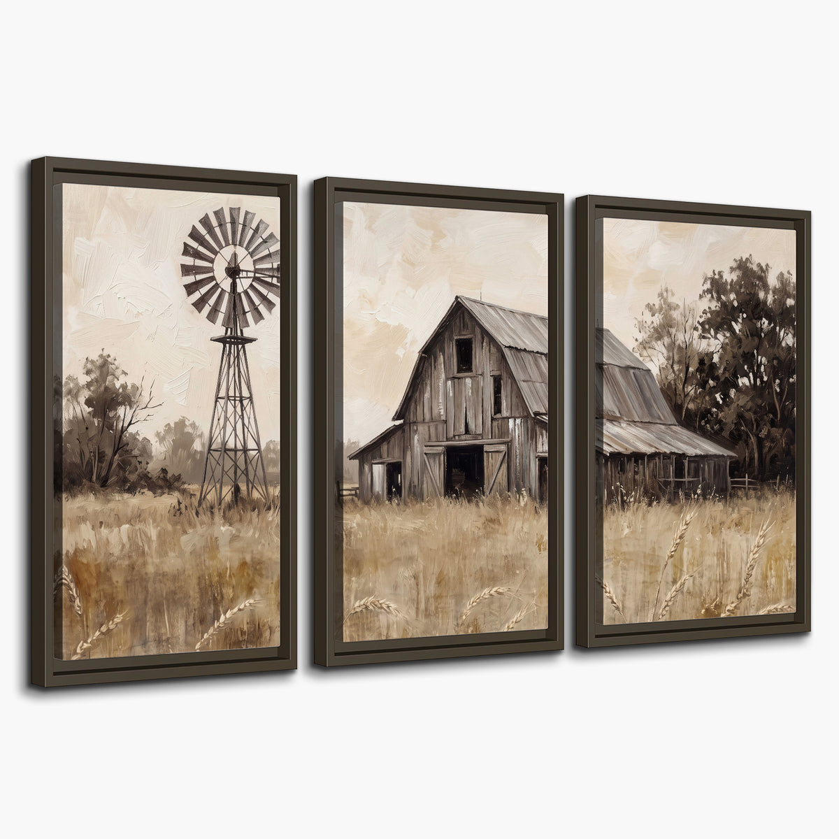 A weathered wooden barn and windmill in a golden country field 3 piece framed canvas wall art on a white background