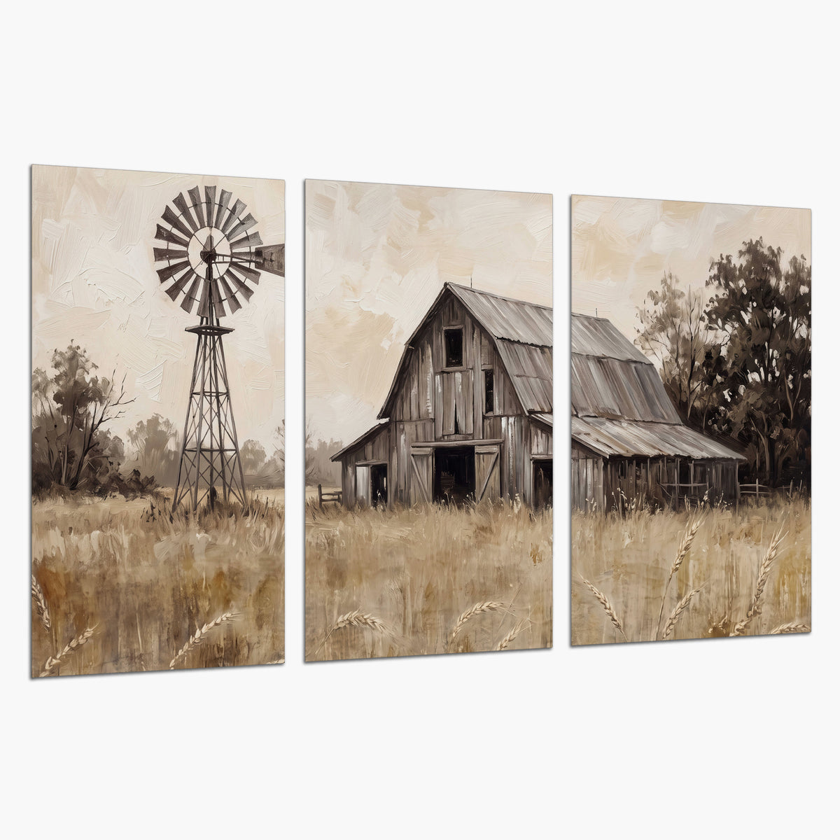 A weathered wooden barn and windmill in a golden country field set of 3 poster prints on a white background