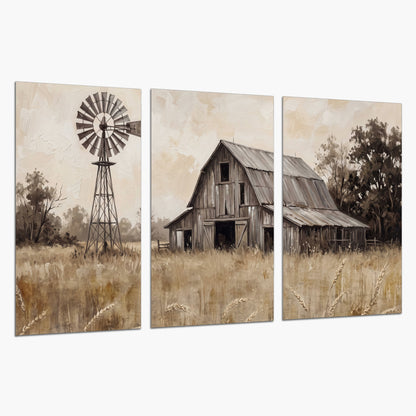 A weathered wooden barn and windmill in a golden country field set of 3 poster prints on a white background