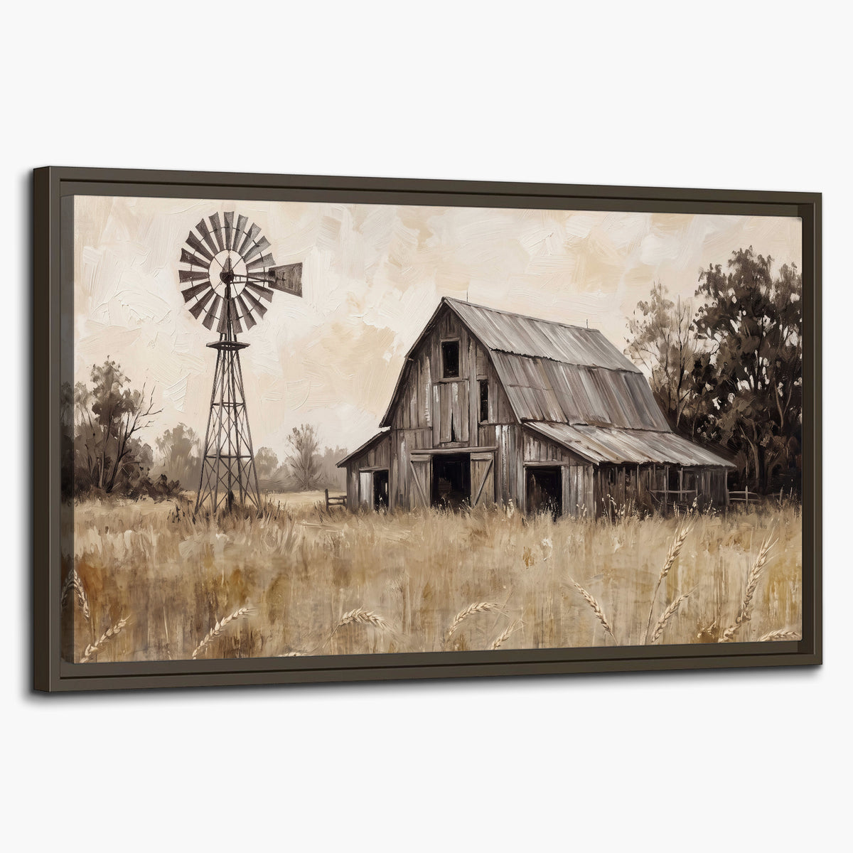 A weathered wooden barn and windmill in a golden country field single framed canvas wall art on a white background