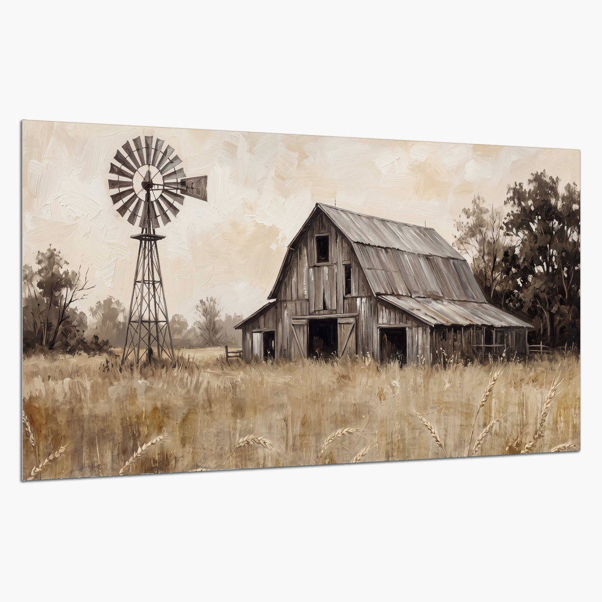 A weathered wooden barn and windmill in a golden country field single poster print on a white background