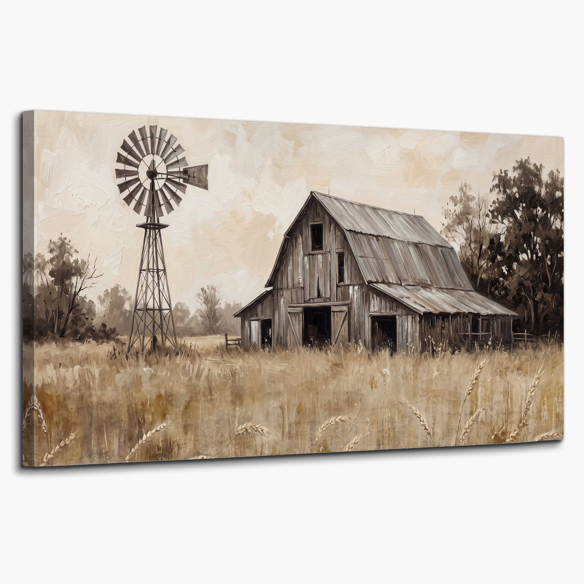 A weathered wooden barn and windmill in a golden country field single canvas wall art on a white background