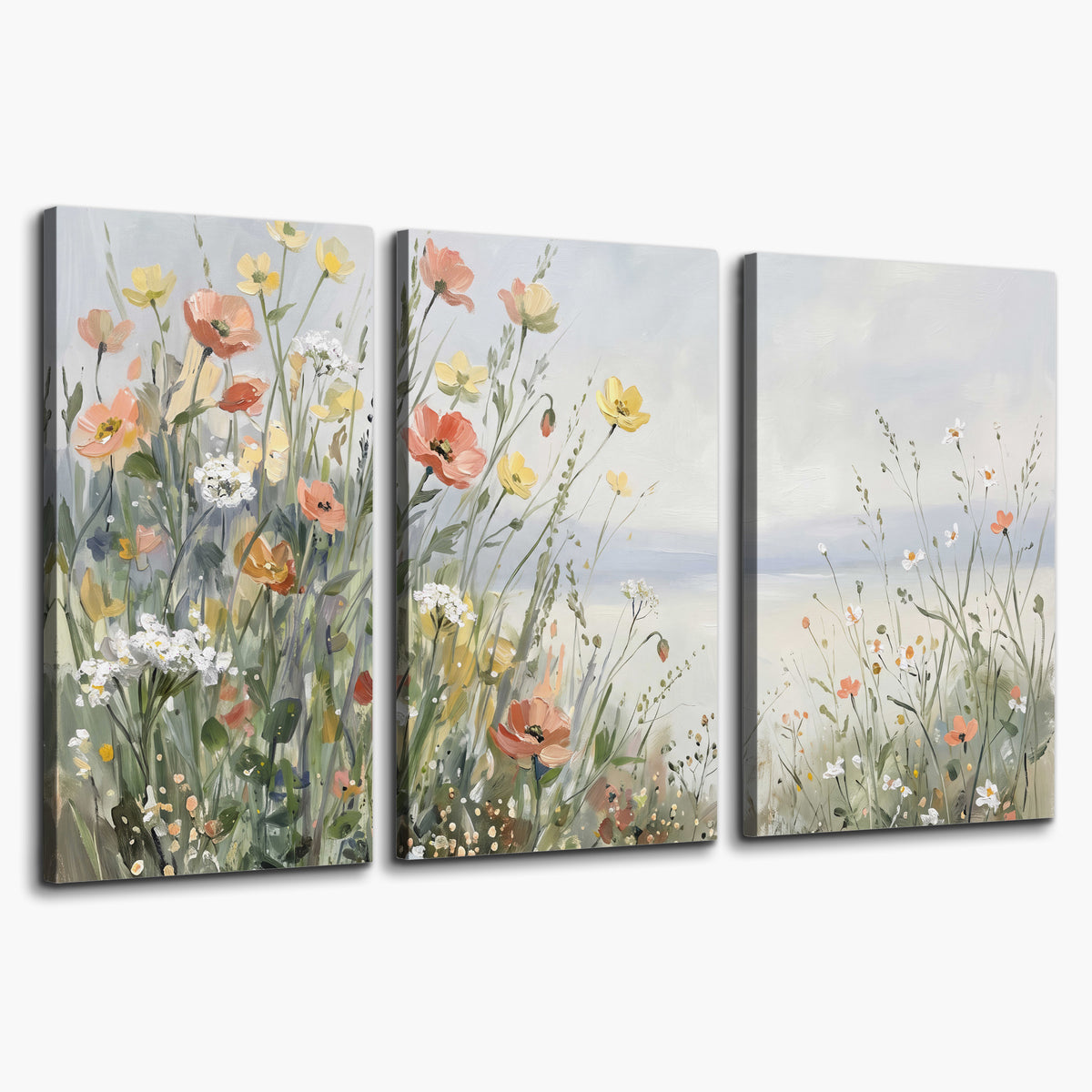 Small colorful wildflowers and light grasses beside a pale lake 3 piece canvas wall art on a white background