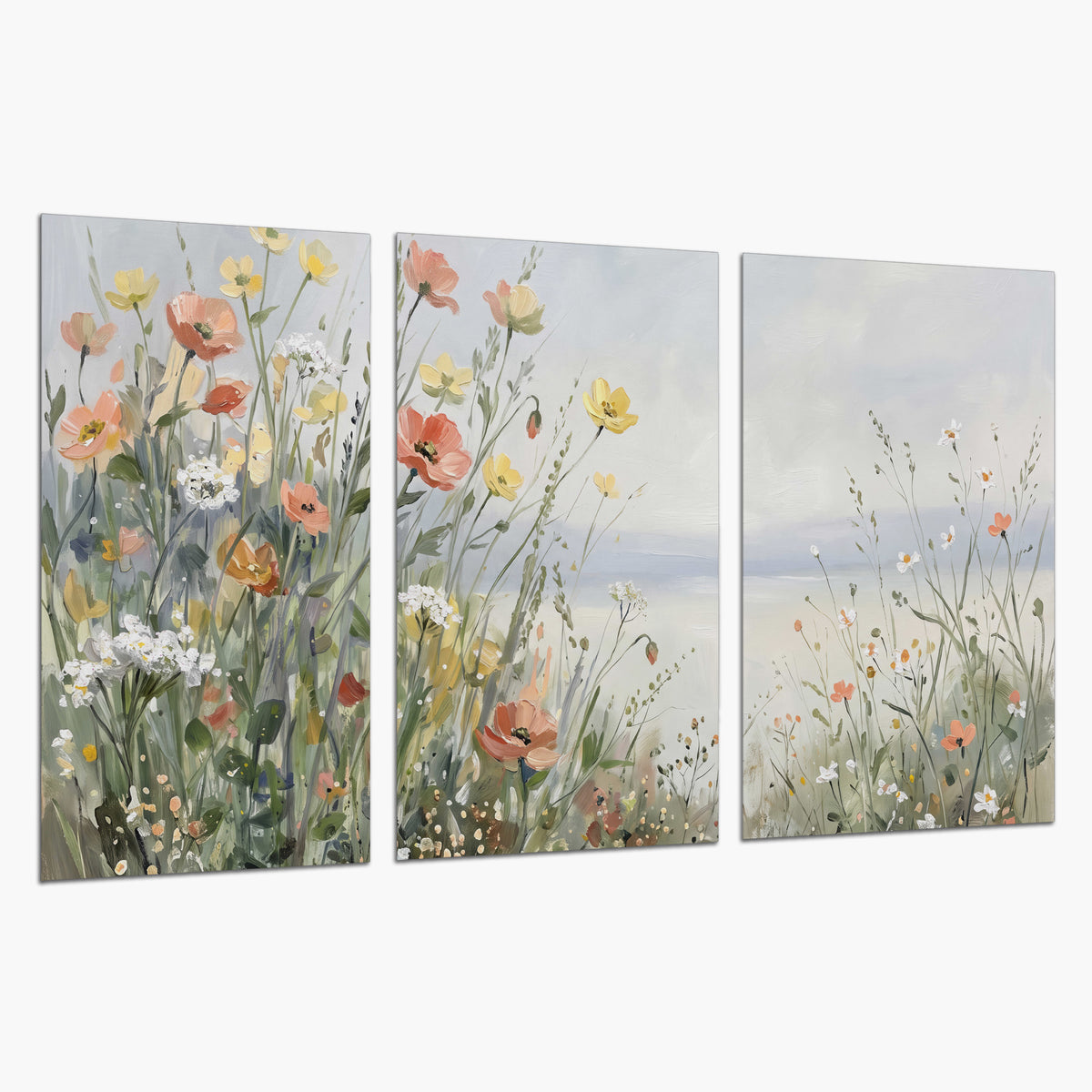 Small colorful wildflowers and light grasses beside a pale lake set of 3 poster prints on a white background
