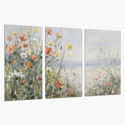 Small colorful wildflowers and light grasses beside a pale lake set of 3 poster prints on a white background