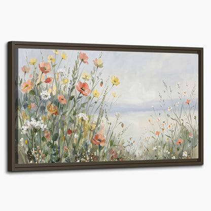 Small colorful wildflowers and light grasses beside a pale lake single framed canvas wall art on a white background