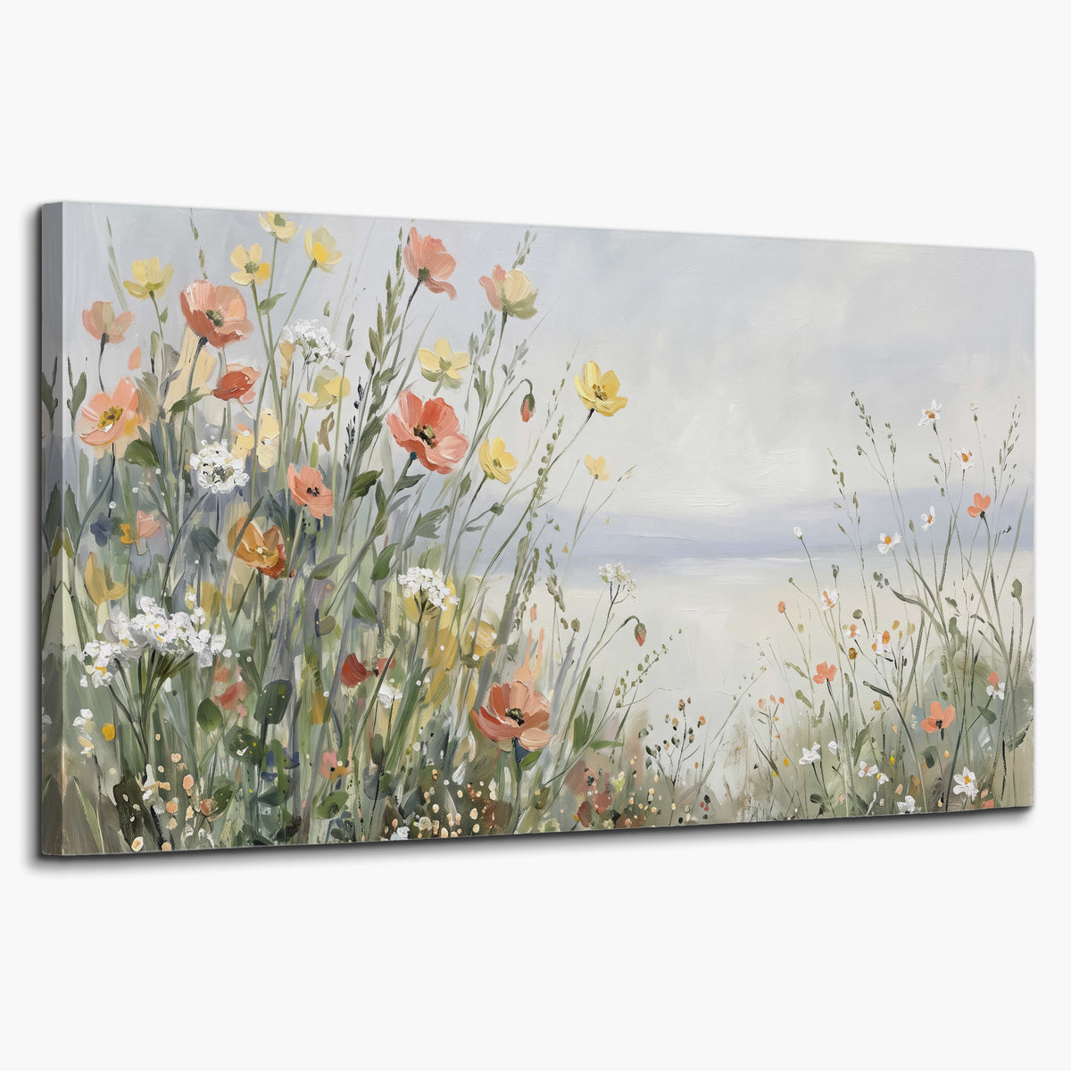 Small colorful wildflowers and light grasses beside a pale lake single canvas wall art on a white background