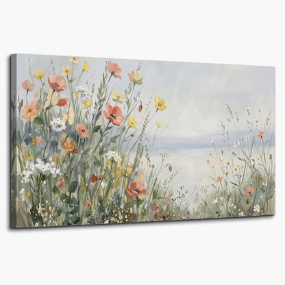 Small colorful wildflowers and light grasses beside a pale lake single canvas wall art on a white background