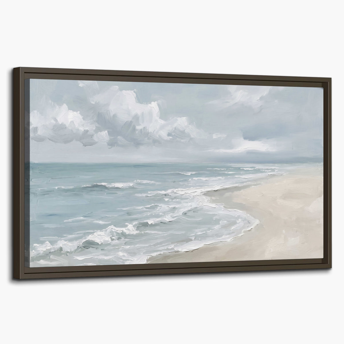 Gentle pale blue waves washing across a light sandy beach single framed canvas wall art on a white background