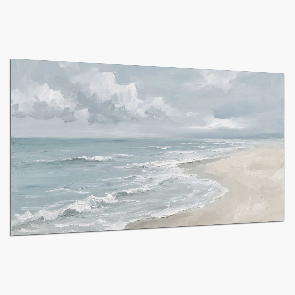 Gentle pale blue waves washing across a light sandy beach single poster print on a white background