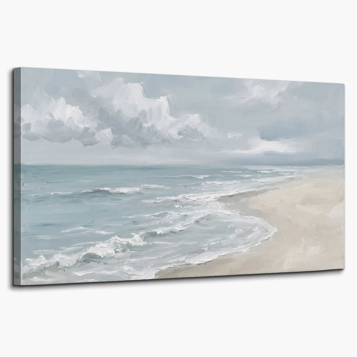 Gentle pale blue waves washing across a light sandy beach single canvas wall art on a white background