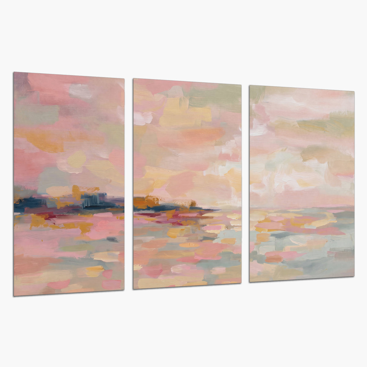 Pink, peach and yellow painted-style sky and water reflections set of 3 poster prints on a white background