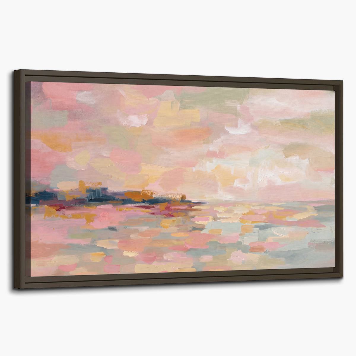 Pink, peach and yellow painted-style sky and water reflections single framed canvas wall art on a white background