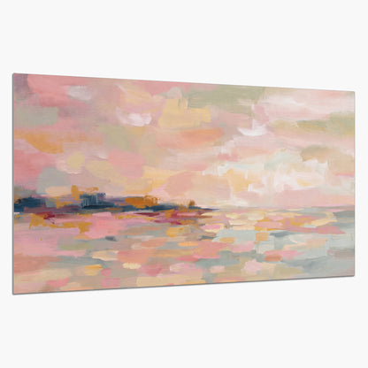 Pink, peach and yellow painted-style sky and water reflections single poster print on a white background