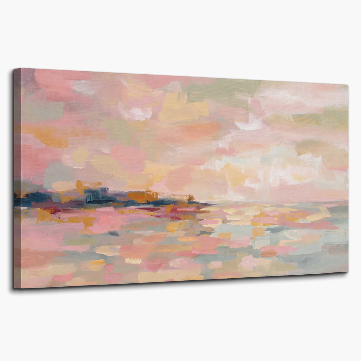 Pink, peach and yellow painted-style sky and water reflections single canvas wall art on a white background