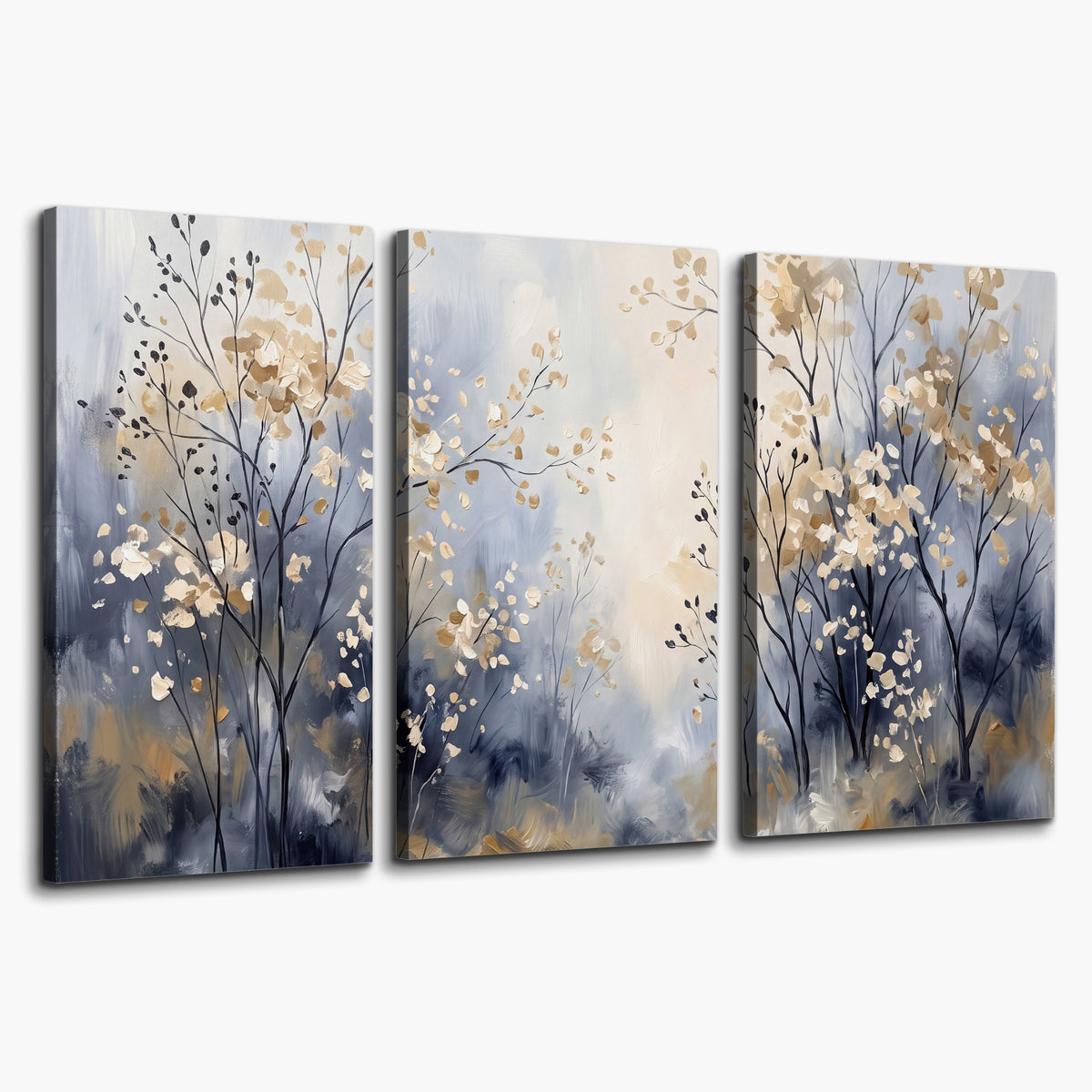 Delicate pale gold-colored branches against a deep blue misty background 3 piece canvas wall art on a white background