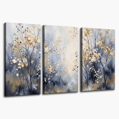Delicate pale gold-colored branches against a deep blue misty background 3 piece canvas wall art on a white background