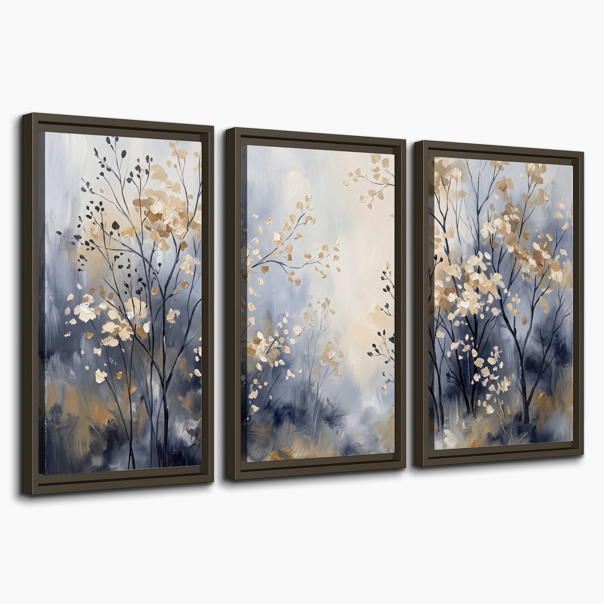 Delicate pale gold-colored branches against a deep blue misty background 3 piece framed canvas wall art on a white background
