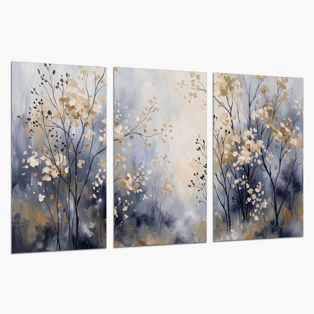 Delicate pale gold-colored branches against a deep blue misty background set of 3 poster prints on a white background