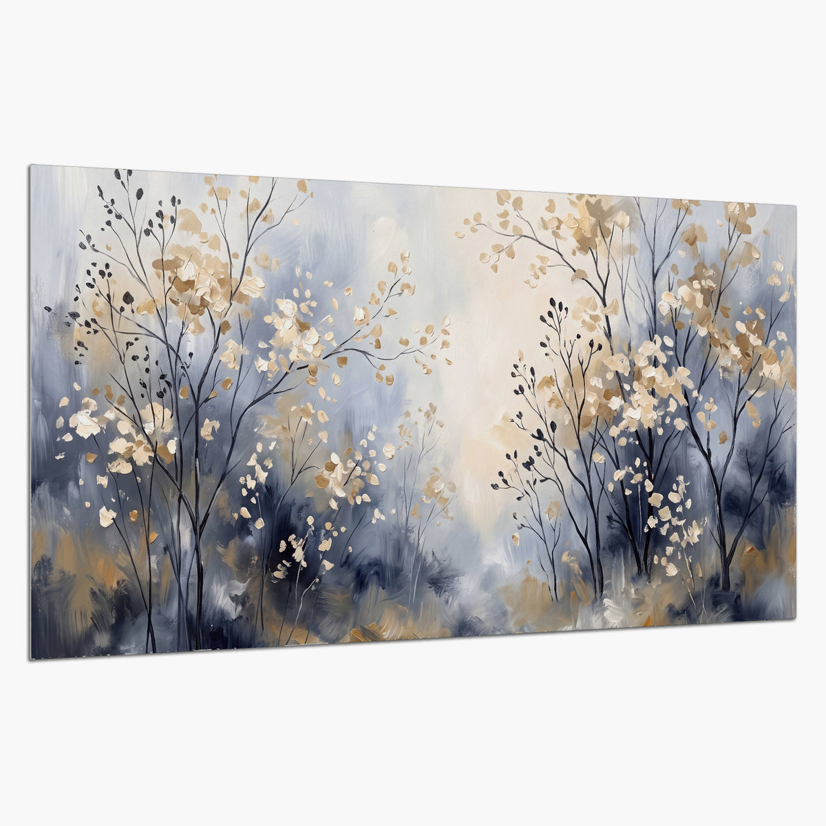 Delicate pale gold-colored branches against a deep blue misty background single poster print on a white background