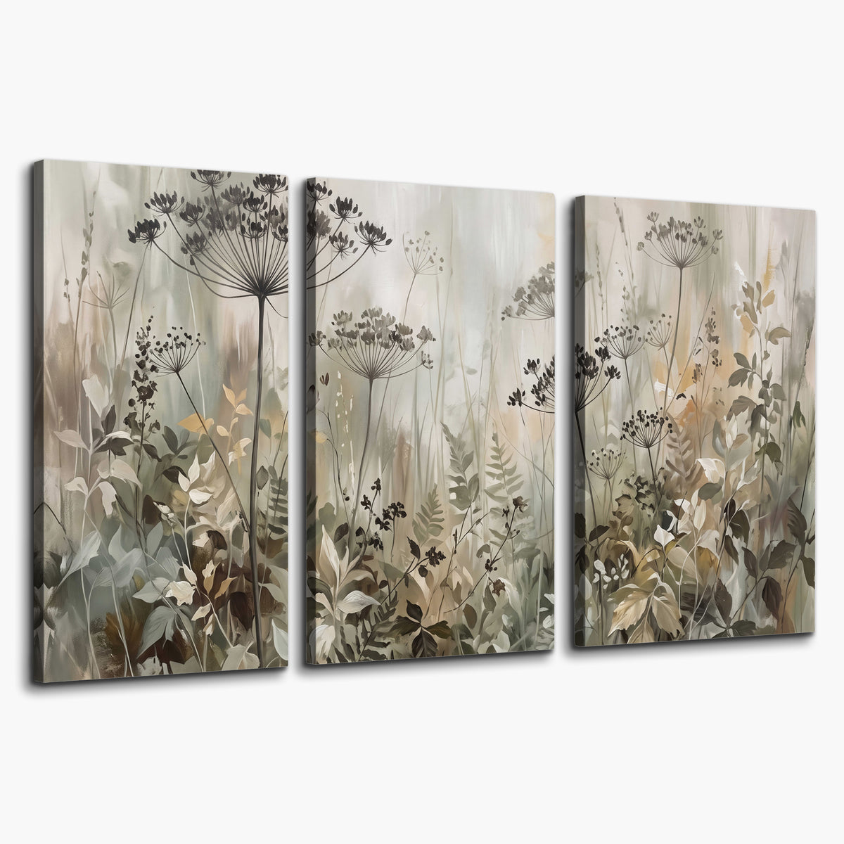 Fine wildflower seed heads and muted foliage in gray-green and cream 3 piece canvas wall art on a white background