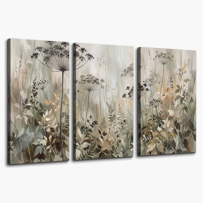 Fine wildflower seed heads and muted foliage in gray-green and cream 3 piece canvas wall art on a white background