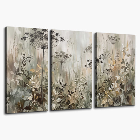Fine wildflower seed heads and muted foliage in gray-green and cream 3 piece canvas wall art on a white background
