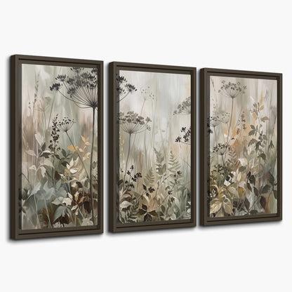 Fine wildflower seed heads and muted foliage in gray-green and cream 3 piece framed canvas wall art on a white background