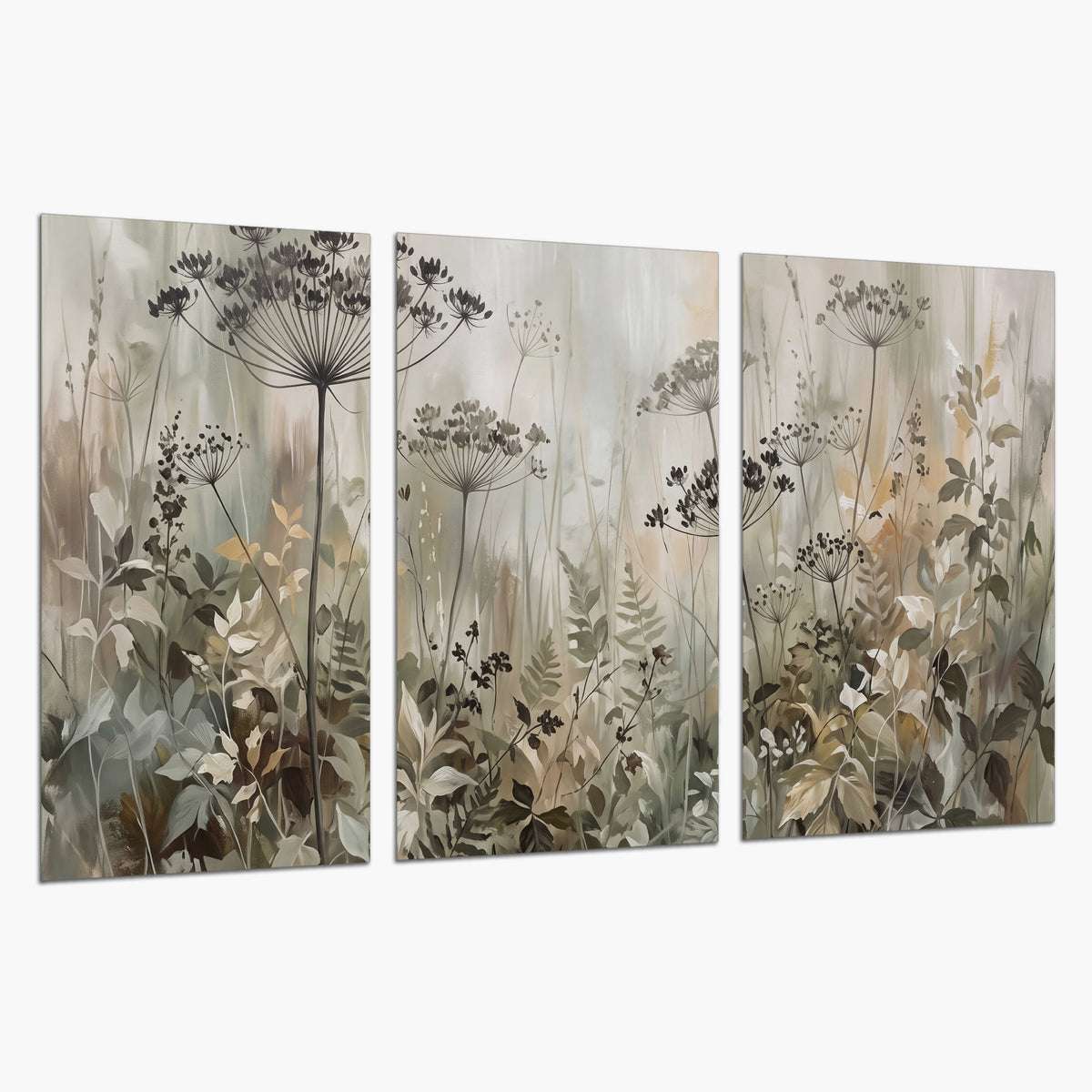 Fine wildflower seed heads and muted foliage in gray-green and cream set of 3 poster prints on a white background