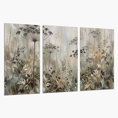 Fine wildflower seed heads and muted foliage in gray-green and cream set of 3 poster prints on a white background