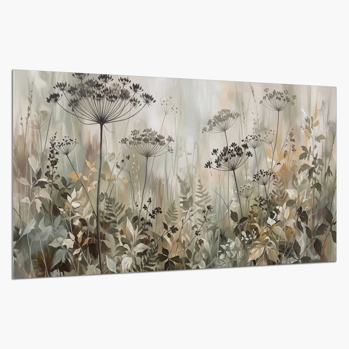 Fine wildflower seed heads and muted foliage in gray-green and cream single poster print on a white background