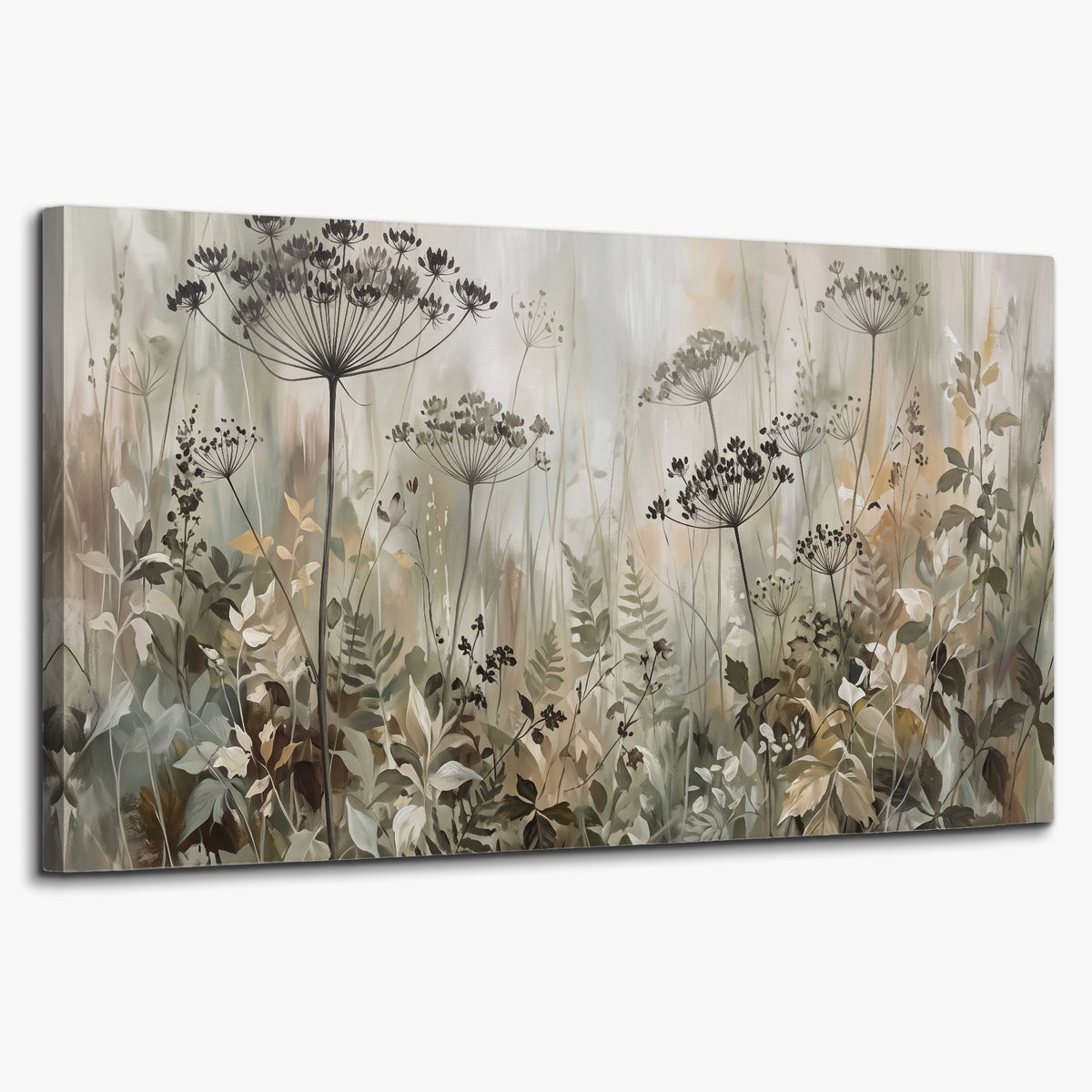 Fine wildflower seed heads and muted foliage in gray-green and cream single canvas wall art on a white background