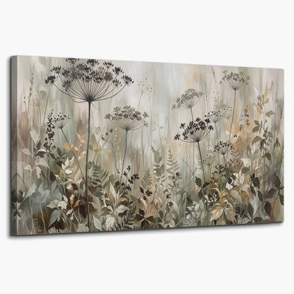 Fine wildflower seed heads and muted foliage in gray-green and cream single canvas wall art on a white background