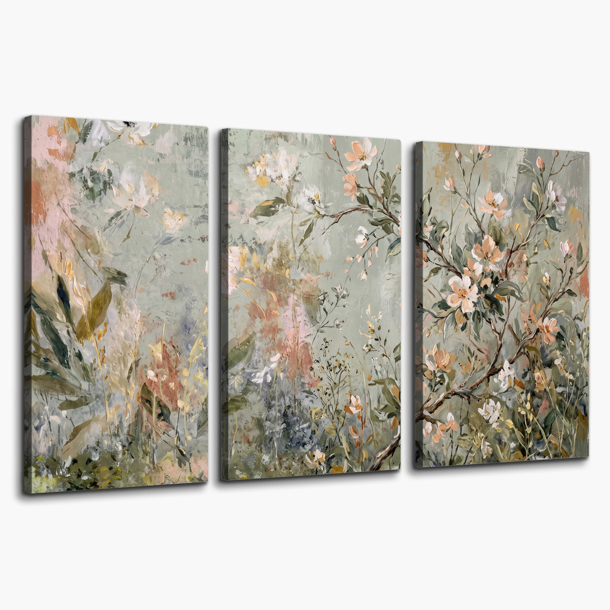 Delicate pink and ivory flowering branches against muted sage green 3 piece canvas wall art on a white background