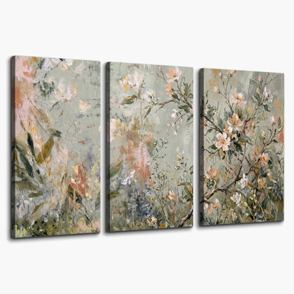 Delicate pink and ivory flowering branches against muted sage green 3 piece canvas wall art on a white background