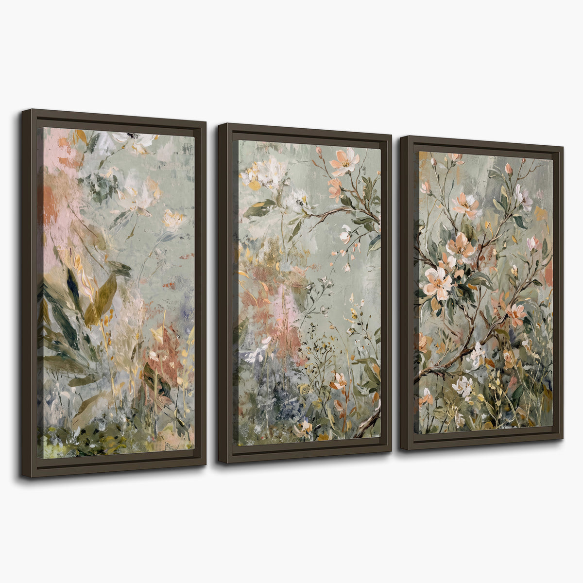 Delicate pink and ivory flowering branches against muted sage green 3 piece framed canvas wall art on a white background