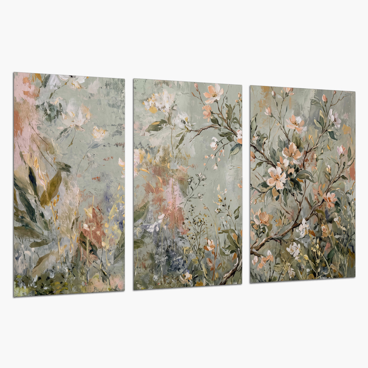 Delicate pink and ivory flowering branches against muted sage green set of 3 poster prints on a white background