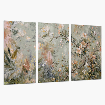Delicate pink and ivory flowering branches against muted sage green set of 3 poster prints on a white background